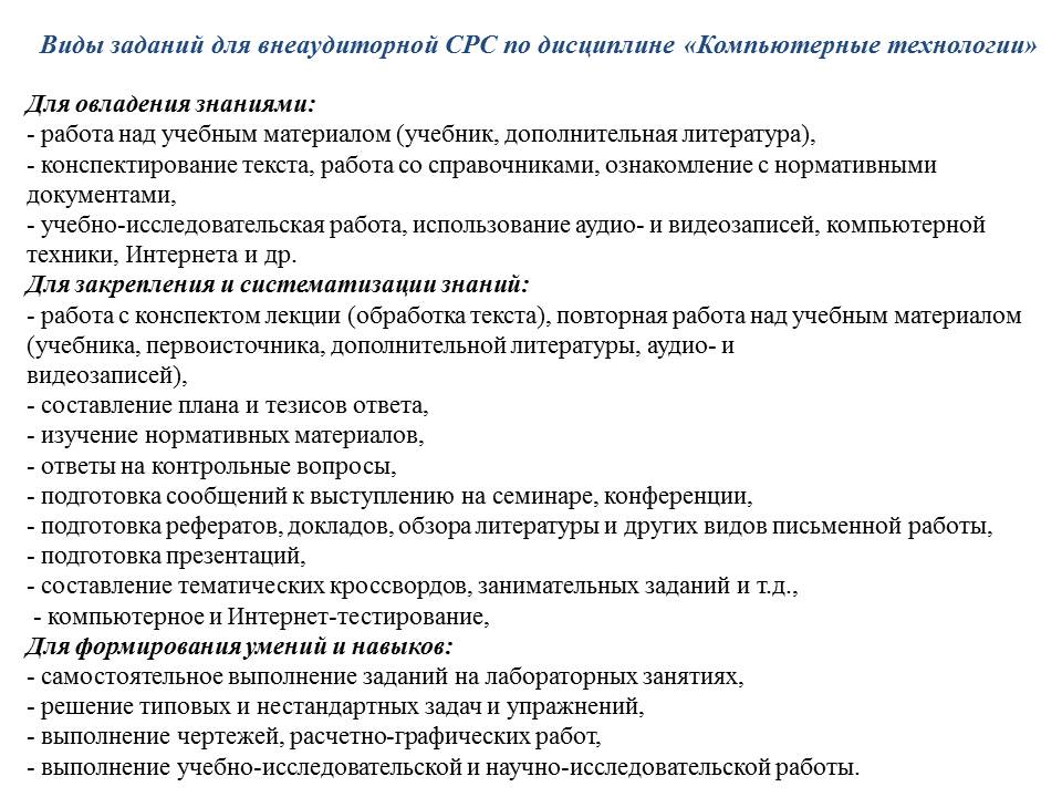 Самостоятельная внеаудиторная работа студентов