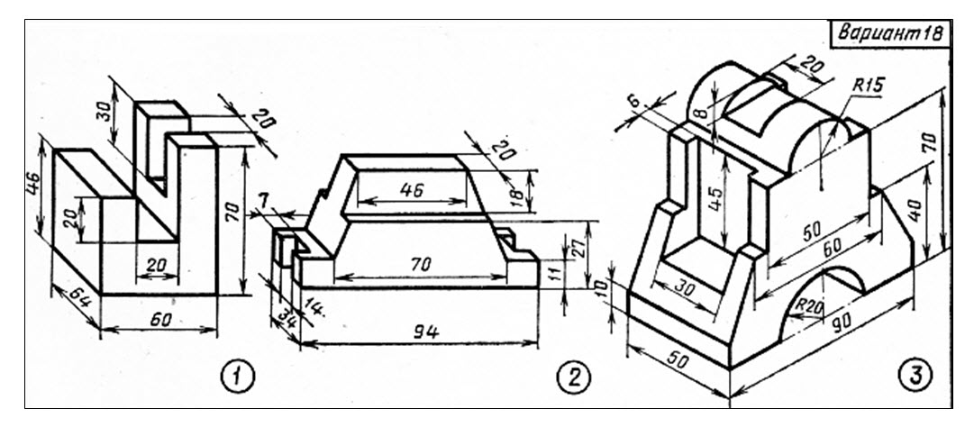 Чертеж детали в трех видах с размерами 6 класс