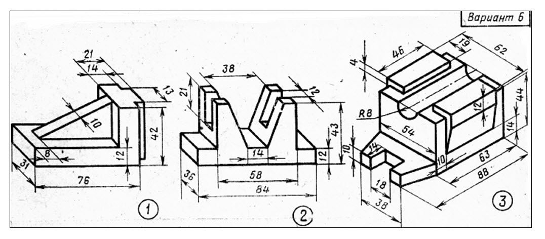 Чертеж детали в трех видах с размерами 6 класс